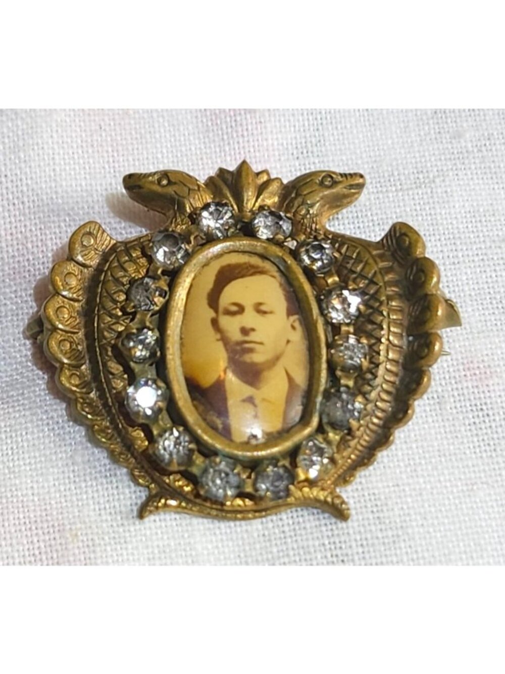 Victorian Mourning Pin Paste Stones Gold Tone Shield Twin Snake Design Antique B